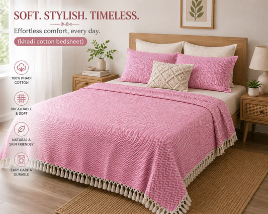 Handwoven khadi cotton double bedsheet with tassel border and 2 zip pillow covers by Haryana Handloom House