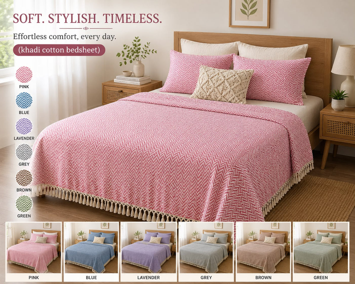 Khadi cotton bed cover set with zigzag weave and cream tassel border, 225x250 cm
