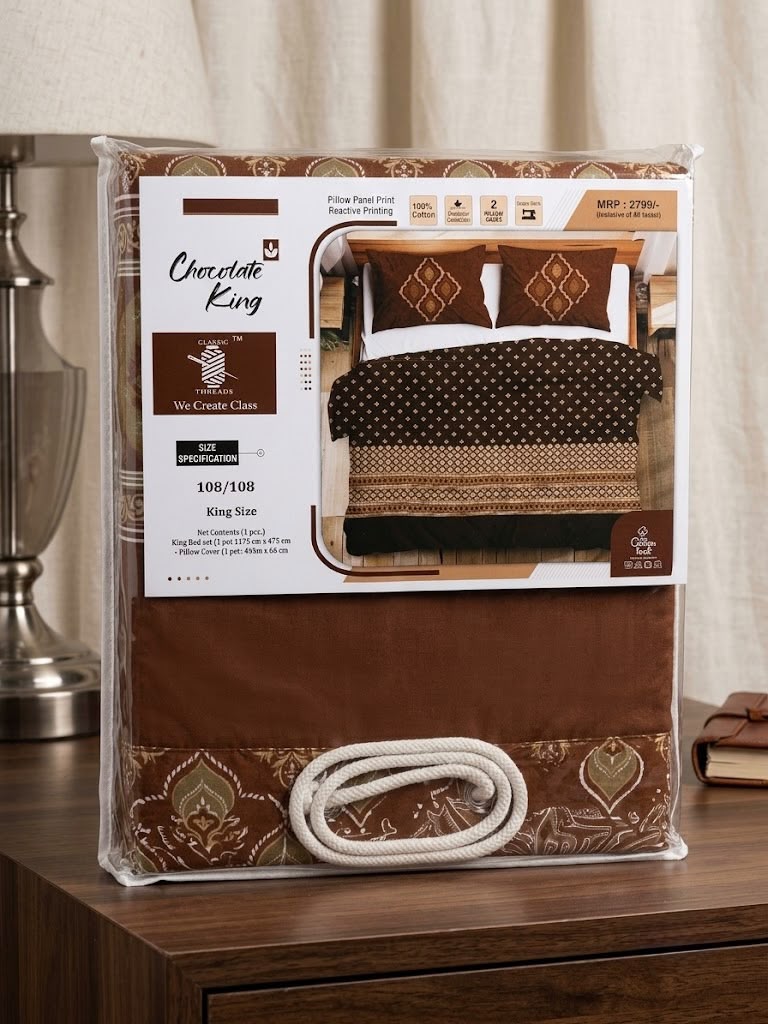Chocolate King 100% Cotton King Size Bedsheet 108x108 with 2 Pillow Covers | Dark Printed Bed Sheet Set