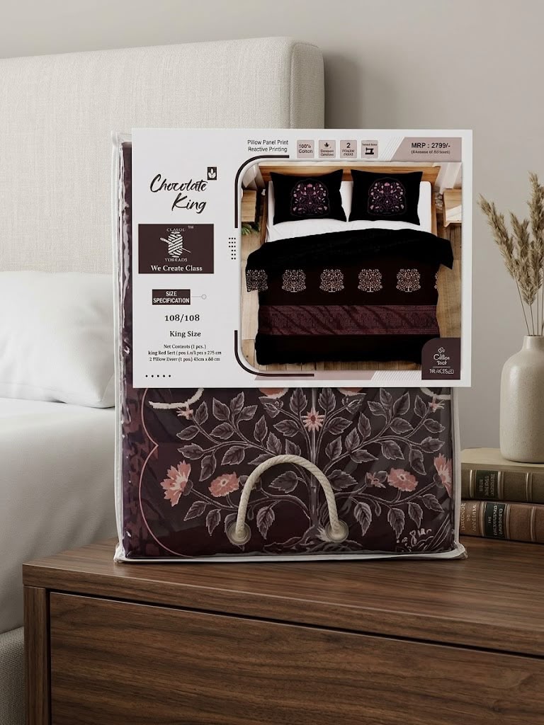 Chocolate King 100% Cotton King Size Bedsheet 108x108 with 2 Pillow Covers | Dark Printed Bed Sheet Set