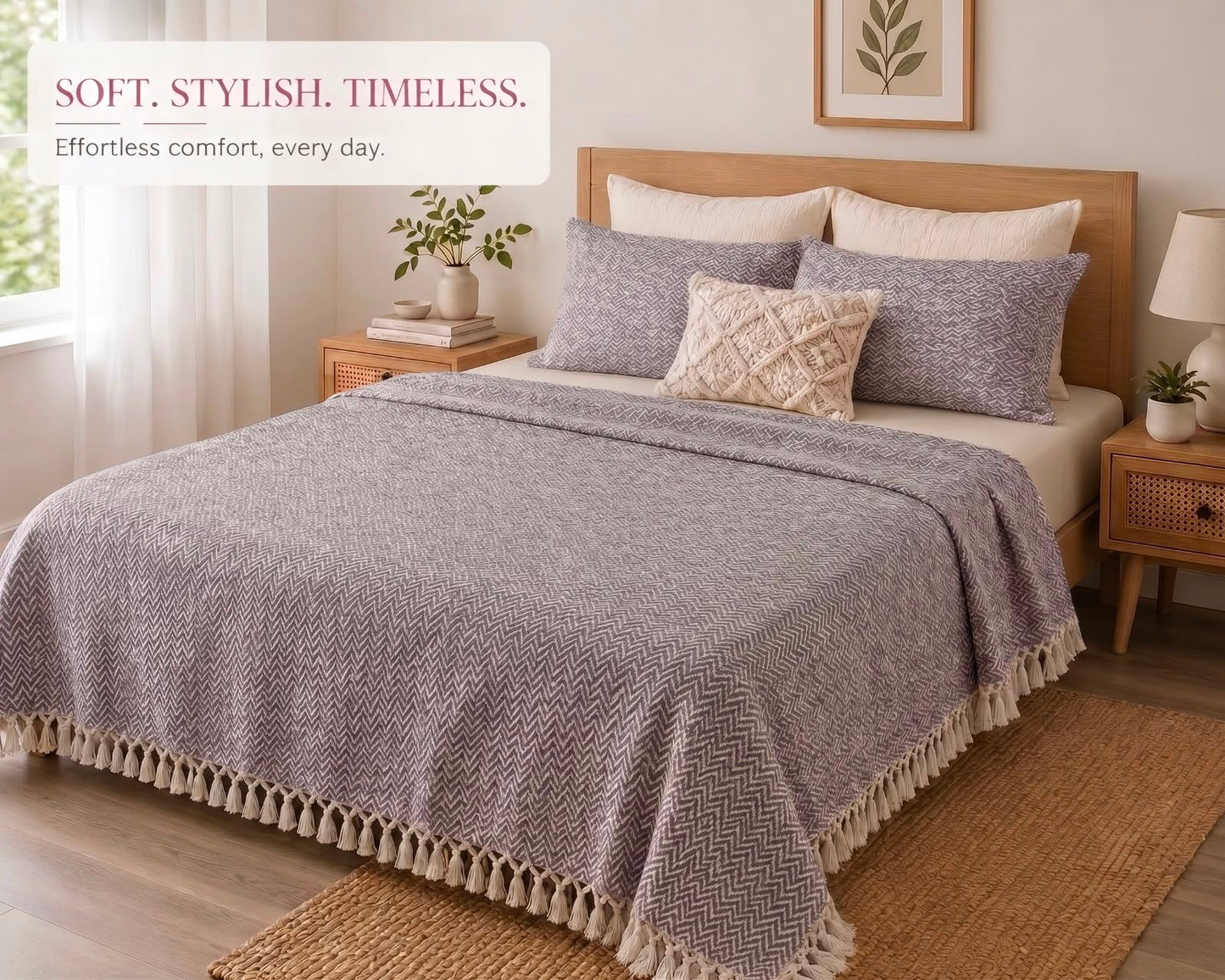 Khadi cotton bedsheet set with handcrafted tassel border for double and queen beds