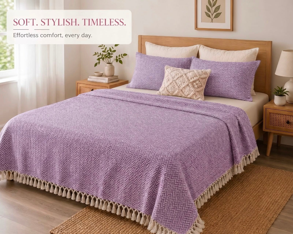100% khadi cotton double bedsheet with tassel edging, available in six colours