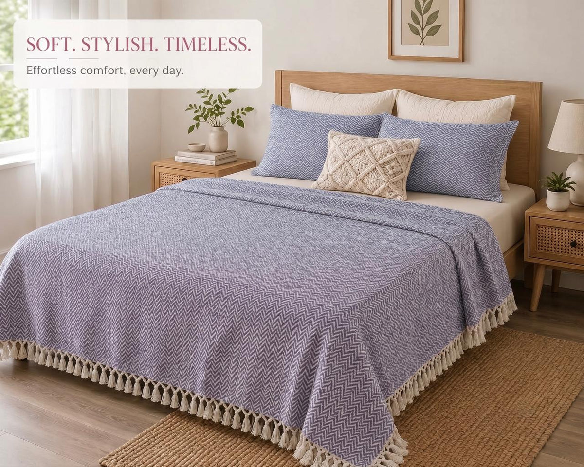 Handwoven khadi cotton bedsheet set with matching zip pillow covers on a double bed